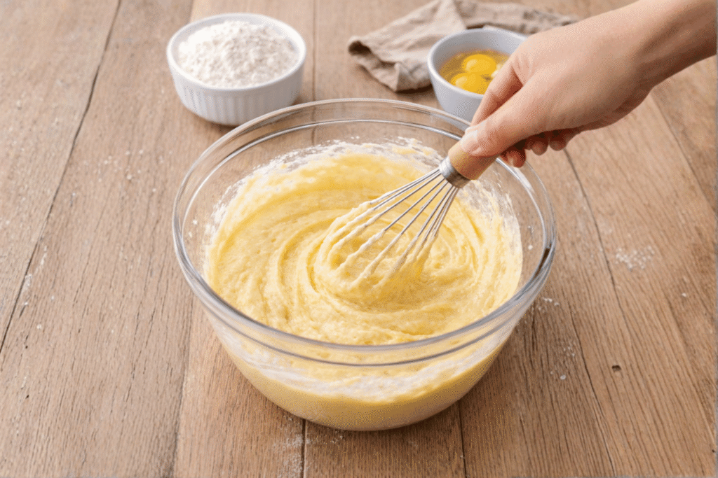 misturando massa de bolo caseiro na tigela