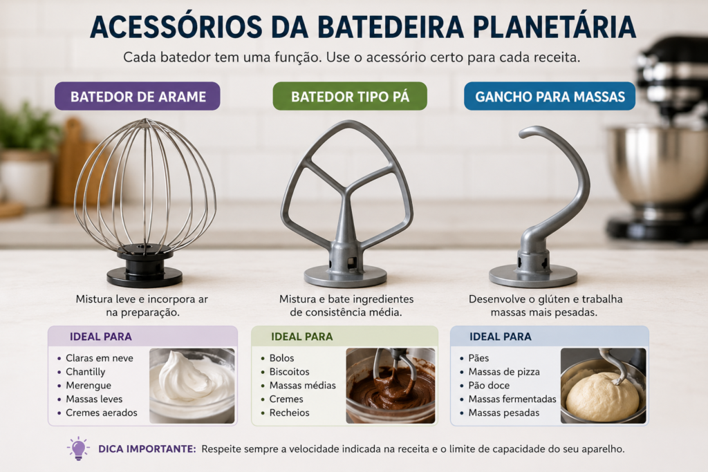Acessórios de batedeira planetária batedor de arame, pá e gancho