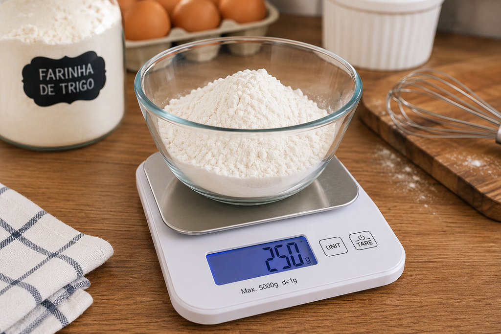 Balança de cozinha balança de cozinha usada para pesar farinha em receita de confeitaria