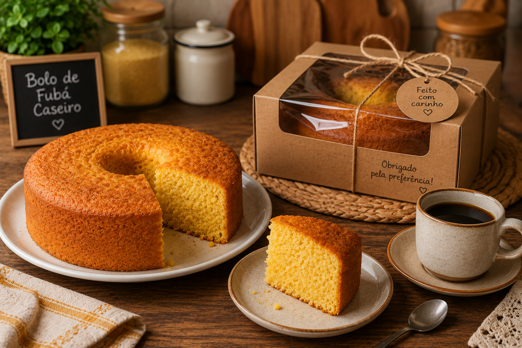 Bolo de fubá fofinho mesa com bolo de fubá, café e embalagem pronta para entrega.
