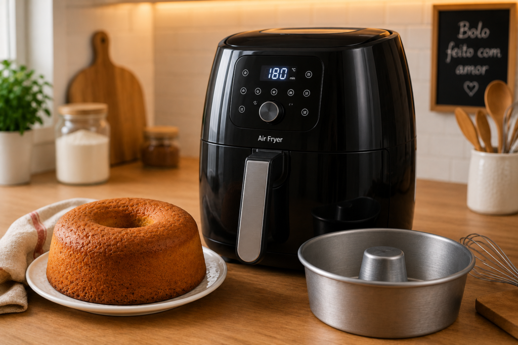 Air fryer para fazer bolos com forma e bolo caseiro sobre bancada de cozinha