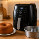 Air fryer para fazer bolos com forma e bolo caseiro sobre bancada de cozinha