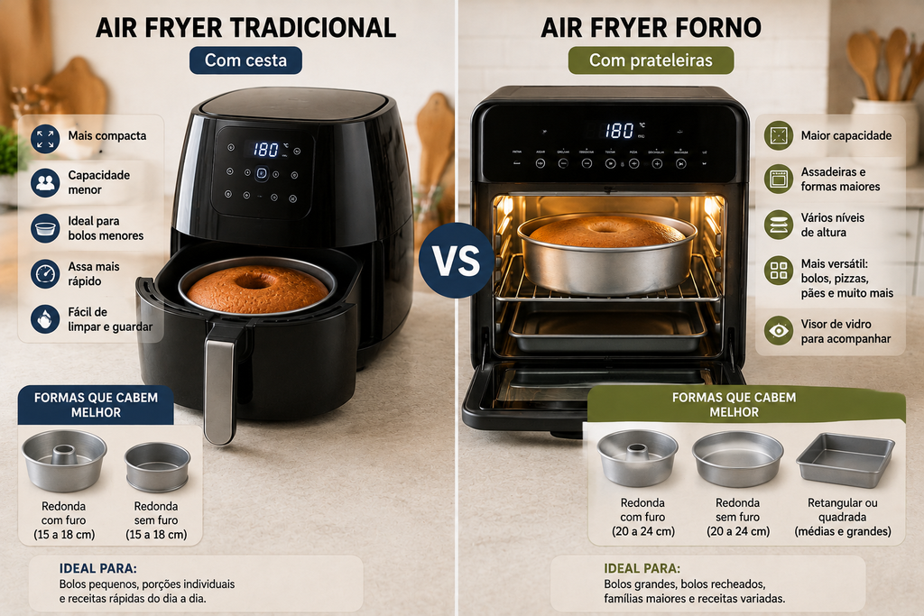 air-fryer-tradicional-e-forno-para-bolos Comparação entre air fryer tradicional e air fryer forno para fazer bolos