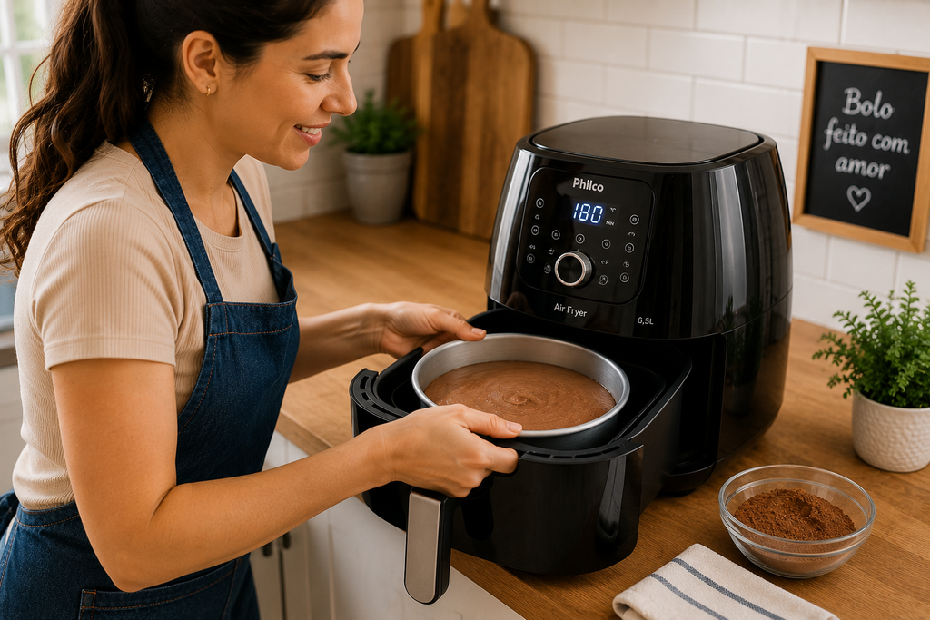 forma-com-massa-de-bolo-na-air-fryer Pessoa colocando forma com massa de bolo dentro da air fryer