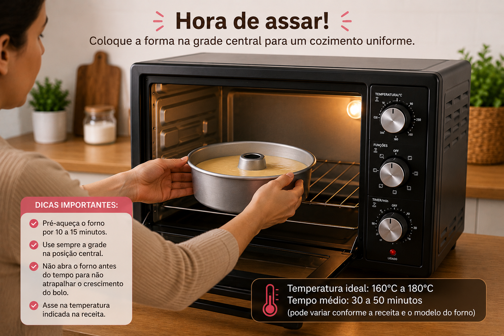 Pessoa colocando forma com massa de bolo em forno elétrico