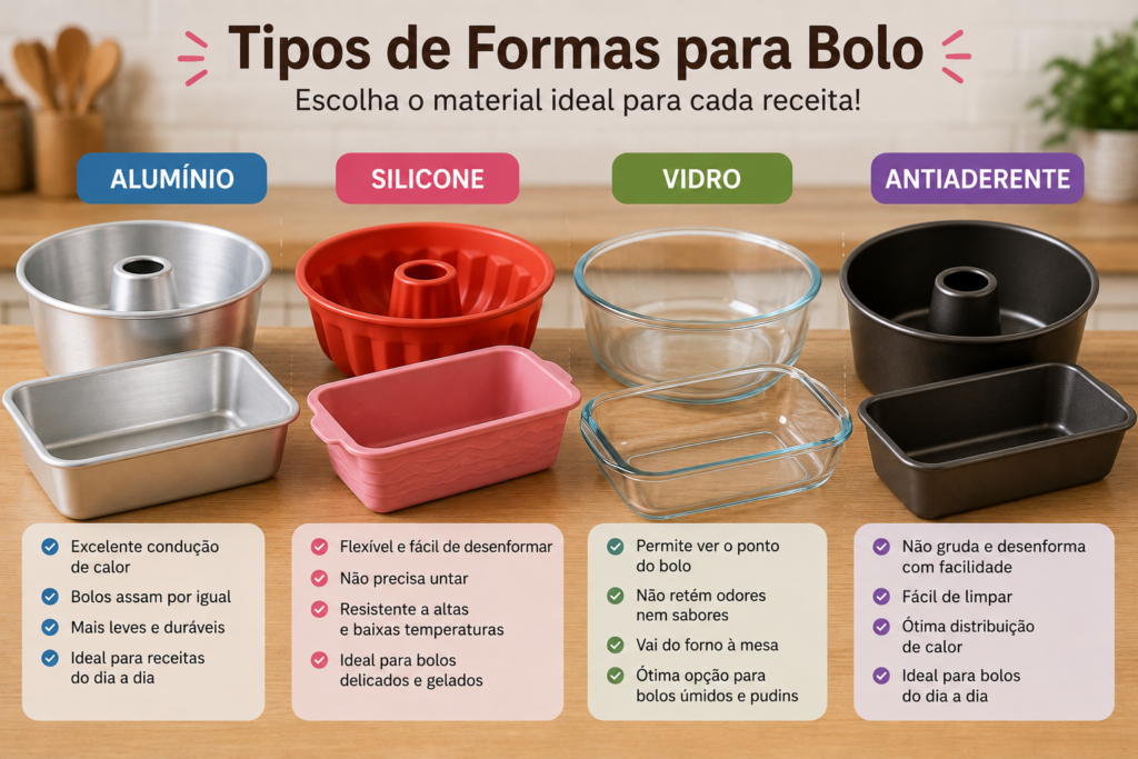 Comparação de formas para bolo de alumínio silicone vidro e antiaderente
