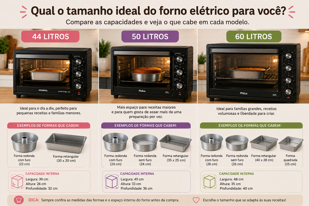 Comparação de fornos elétricos de 44 50 e 60 litros para fazer bolos