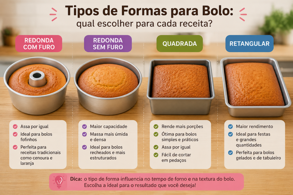Tipos de formas para bolo redonda quadrada e retangular