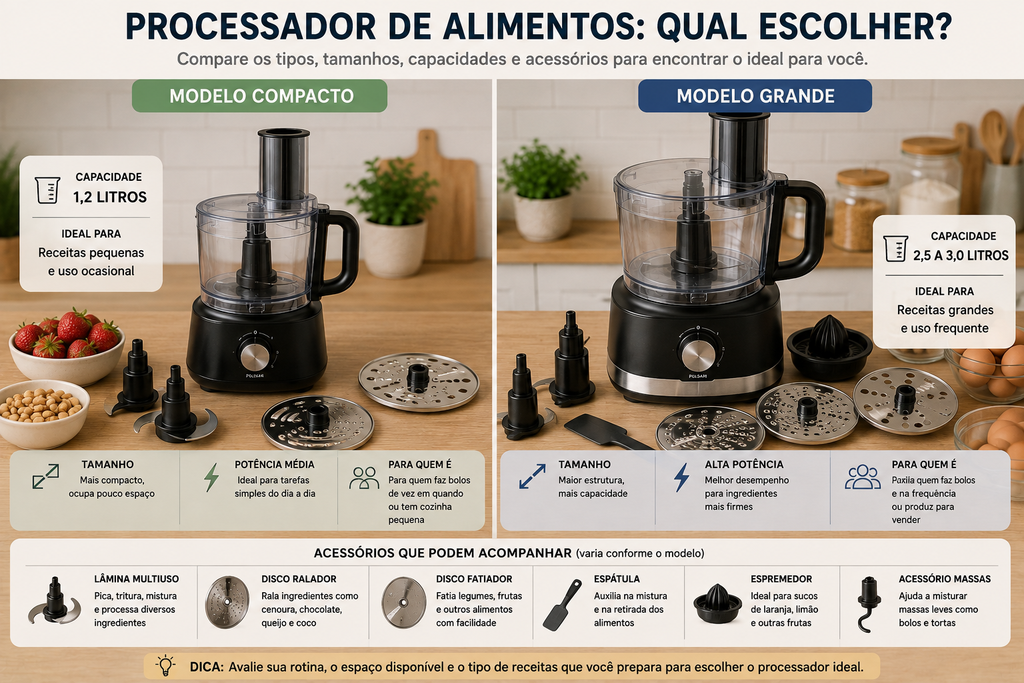 comparação entre processador de alimentos compacto e grande