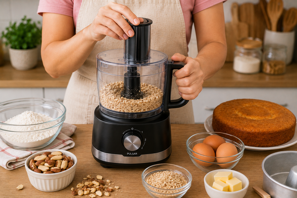 pessoa usando processador de alimentos para preparar ingredientes de bolo